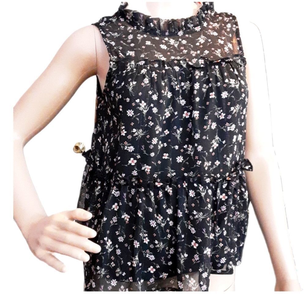 Monteau Top Baby Doll‎ Sleeveless Gauze Blouse Black floral size XS